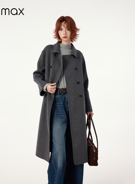didimax冬季新款绵羊毛黑色经典呢子大衣 双排扣长款外套女W35520