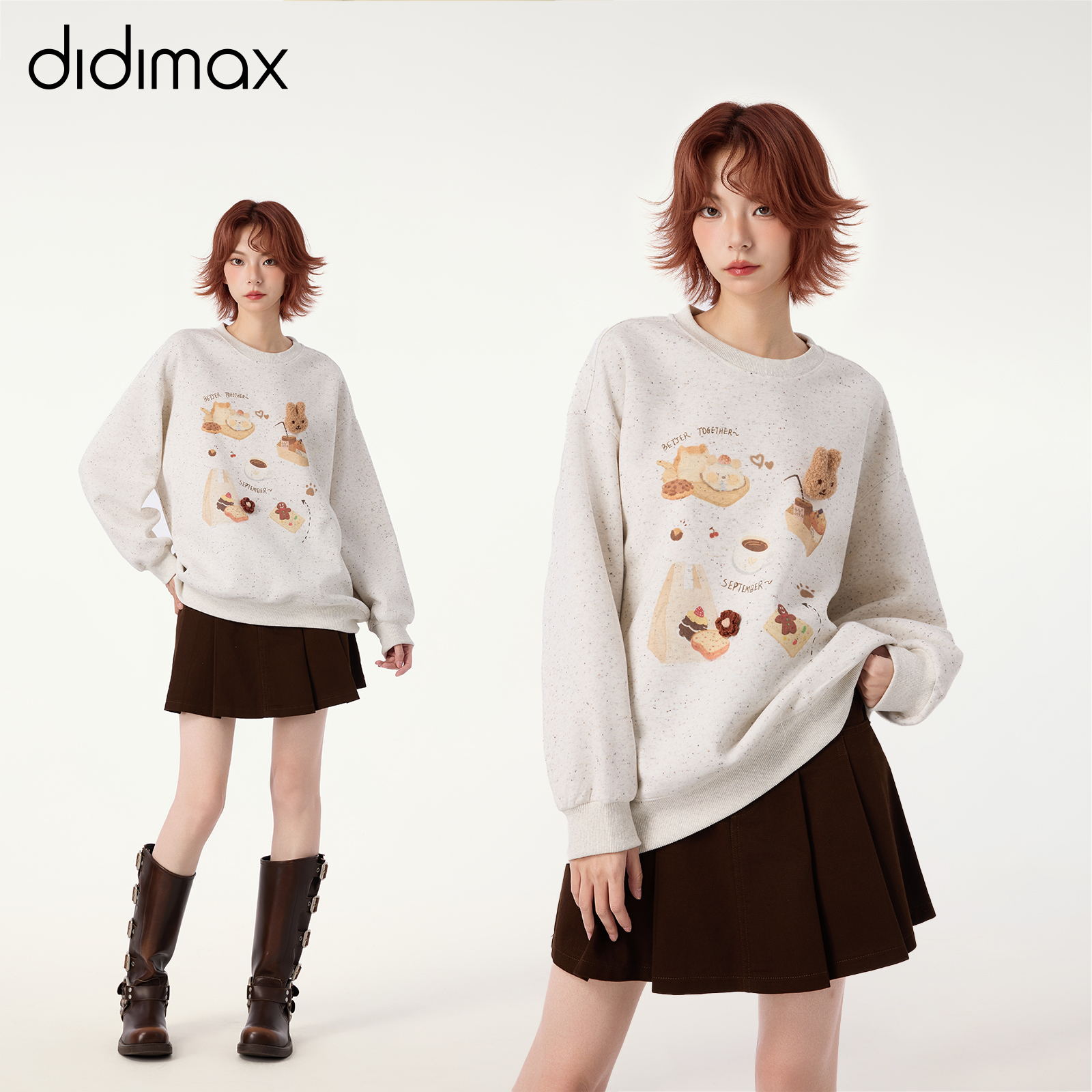 didimax秋季新款彩点圆领杏色卫衣女套头可爱上衣长袖甜美Q05047