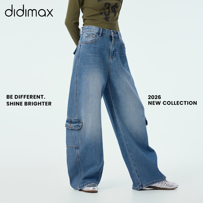 didimax春季新款口袋牛仔工装裤 宽松阔腿毛边裤脚女长裤子C57361