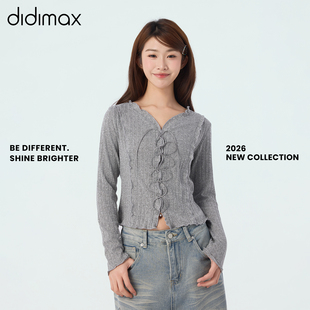 didimax春季新款灰色修身型长袖V领开衫淑女风上衣竖条纹C47538