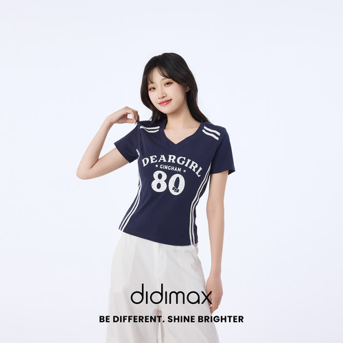 didimax夏季新款藏青色V领短袖 短款T恤衫上衣 运动风女X09030