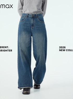 didimax春季新款复古蓝色牛仔裤 阔腿裤脚翻边长裤日常通勤C57280