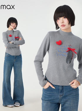 didimax冬季新款灰半高领修身小衫立体蝴蝶结爱心长袖上衣W26936