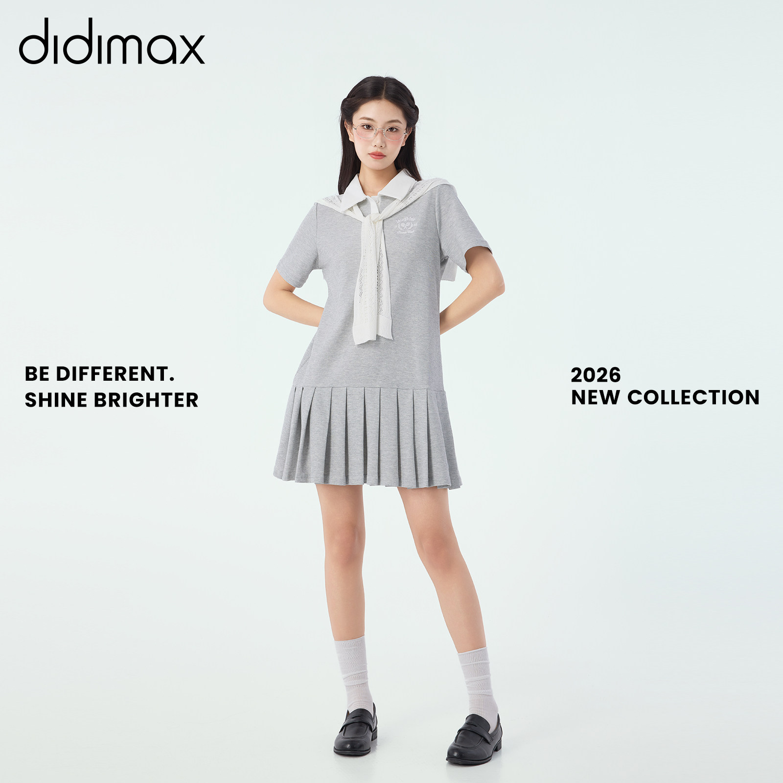 didimax夏季新款灰色翻领百褶裙 学院风短袖披肩短裙 运动X77957