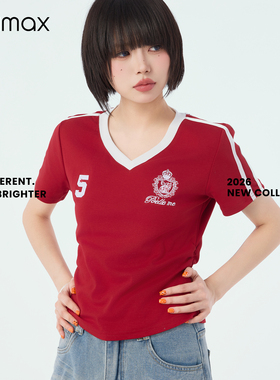 didimax夏季新款红色V领撞色短袖 修身型短款上衣女T恤X08281