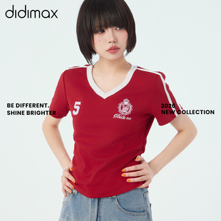 didimax夏季新款红色V领撞色短袖 修身型短款上衣女T恤X08281