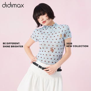 didimax夏季 蓝色波点半高领网纱修身 型短袖 上衣T恤波点X47968 新款
