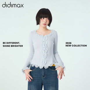 竖条纹理长袖 淡蓝色木耳边针织小衫 上衣C27074 新款 didimax春季