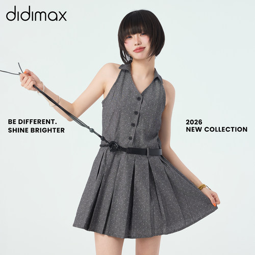 didimax夏季新款灰色无袖翻领A字连衣裙短裙 白色波点 收腰X78486