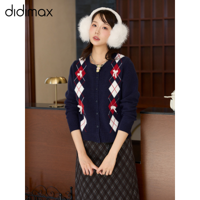 didimax冬季新款藏青色菱形格子针织衫开衫 立体蝴蝶结点缀W26233