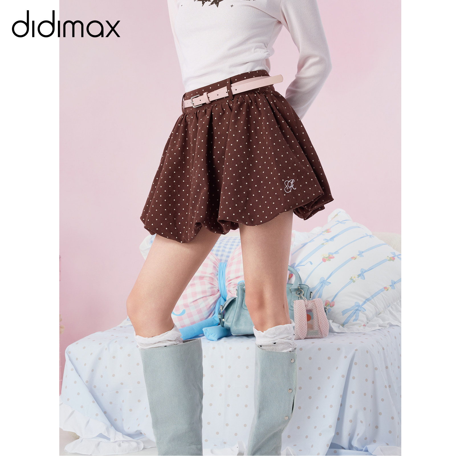 didimax春季新款波点咖色半身裙 A字裙蓬松麂皮原创泡芙裙C67581