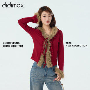 didimax春季新款长袖开衫毛领淑女风短款针织衫系带女装C47585