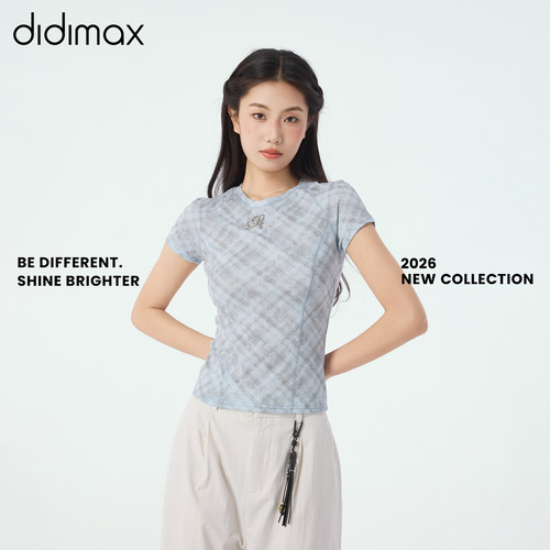 didimax夏季新款网纱格子修身型短袖休闲风圆领T恤蓝色X48379