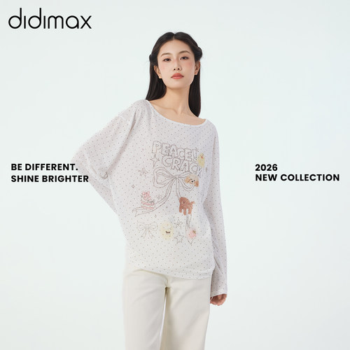 didimax夏季新款白色大领口波点长袖休闲上衣 宽松垂坠 X48135