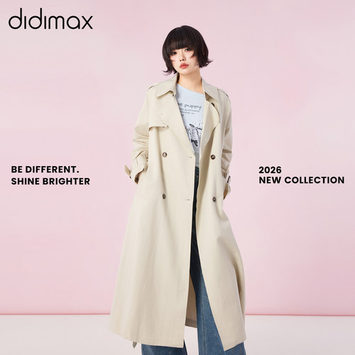 didimax春季新款双排扣长袖风衣 长款收腰复古米杏色 英伦C37865