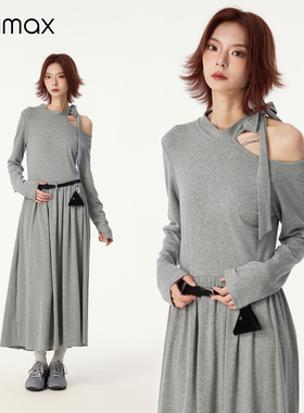 didimax冬季新款浅灰色连衣裙女 半高领长裙露肩 内搭裙子W75710