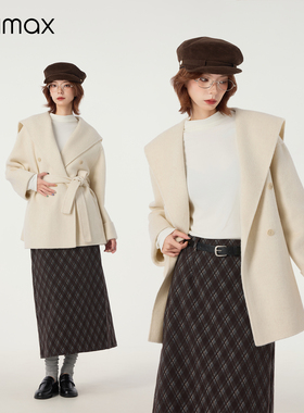 didimax冬季新款米白色绵羊毛大衣海军领 系带双面呢外套W35957