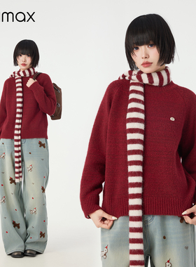 didimax冬季新款红色圆领针织衫毛衣纯色女毛衫 拼色围脖 W26615