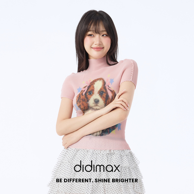 didimax夏季新款涂鸦童趣鬼马T恤衫 修身少女粉色短袖褶皱X49504