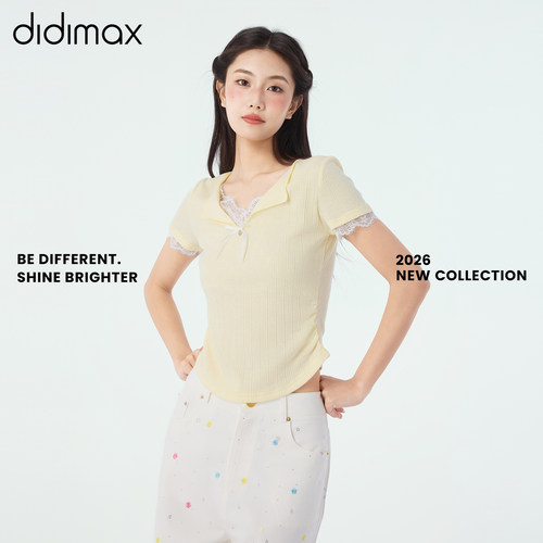 didimax夏季新款鹅黄色polo蕾丝拼接上衣女短袖polo衫 X48128