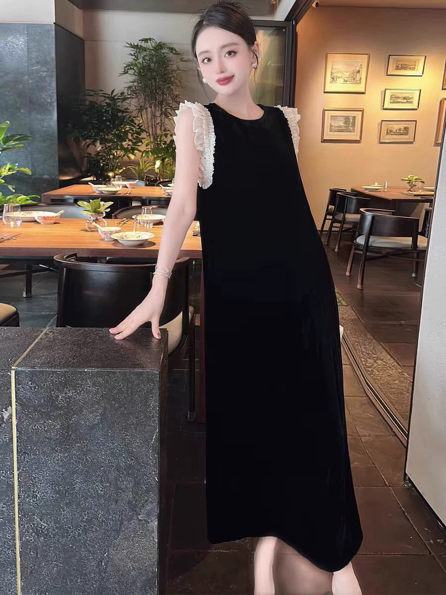 2025夏季新款拼色木耳边真丝丝绒气质无袖背心连衣裙女