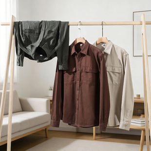 春季 做旧水洗 加厚双口袋宽松休闲衬衣 男士 衬衫 重磅美式 复古工装