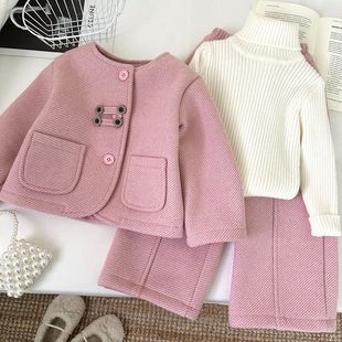 2024女童韩版 儿童时尚 冬季 子套装 两件套潮 高领毛衣加厚外套裤 新款