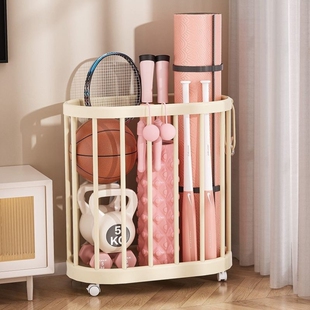 瑜珈垫收纳层架家用健身器材收纳筐移动小推车篮球羽毛球置物架