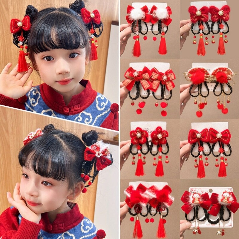 儿童新年蝴蝶结发夹假发辫红色对夹古风发饰国风过年发卡女童头饰