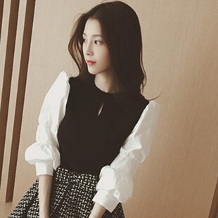 拼接衬衣袖 秋装 子针织衫 泡泡袖 白色灯笼袖 网红衣服装 上衣2021新款