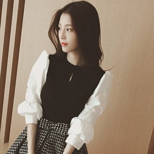 白色泡泡袖上衣灯笼袖针织衬衫