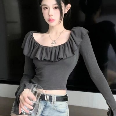 美式街头长袖爵士跳舞jazz上衣女团演出服kpop甜辣穿搭一字肩T恤