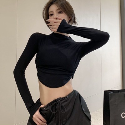 甜辣爵士跳舞jazz黑色上衣kpop女团打歌服短高腰露脐装辣妹打底衫