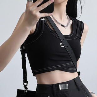 甜辣jazz上衣背心假两件春ins小众美式chic港味爵士舞短款吊带女