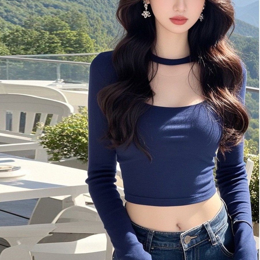 爵士舞上衣长袖蓝色圆领T恤2024秋季新款小个子甜辣jazz衣服装女