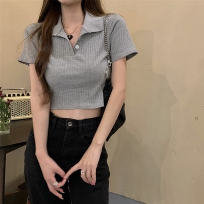 爵士舞上衣女美式短袖t恤夏季灰色露脐polo衫v领甜辣jazz衣服装女