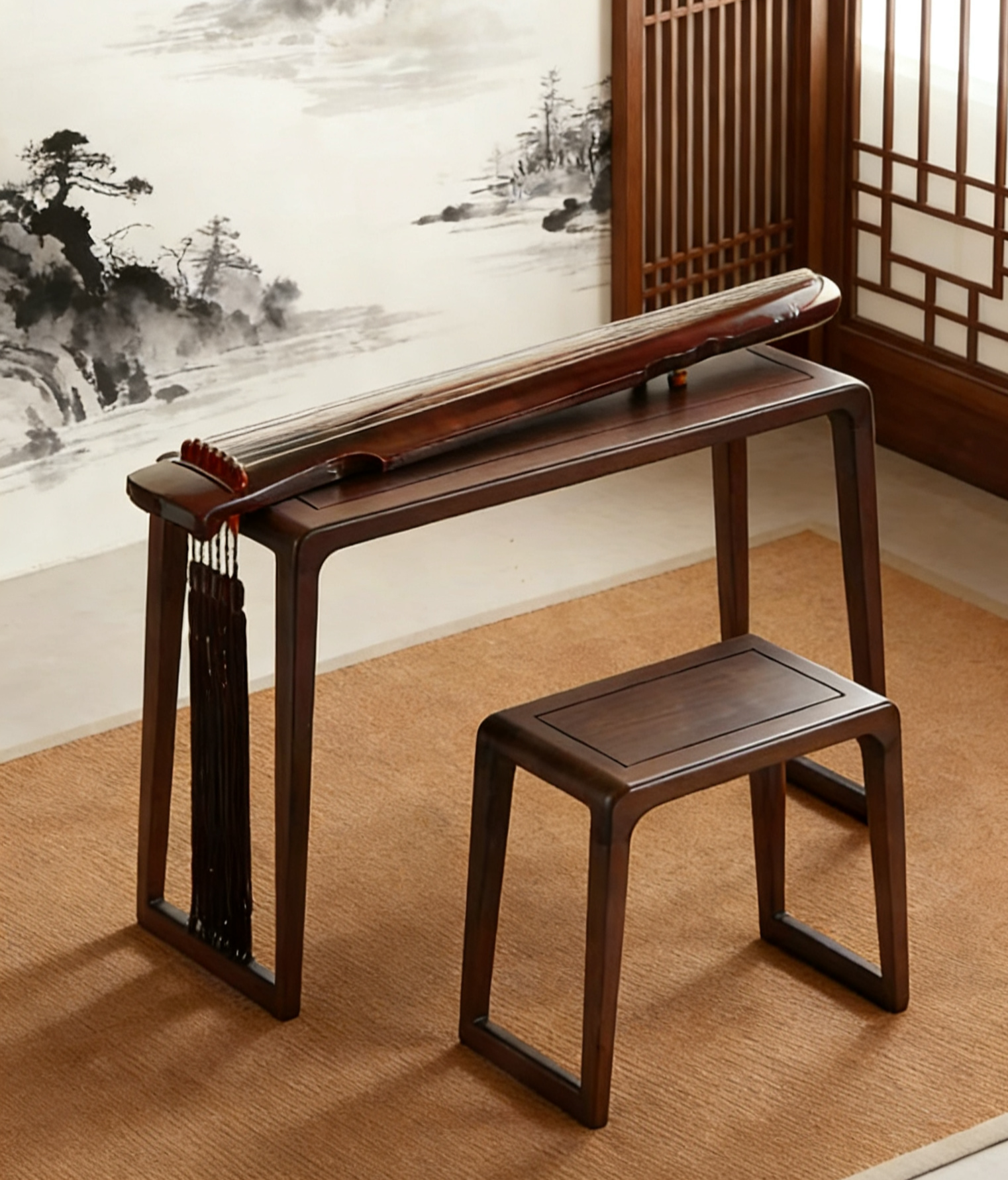 实木古琴桌凳新中式共鸣琴桌老榆木古筝仿古书法桌子国学桌茶艺桌