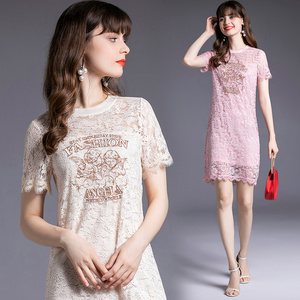 RM5804#欧洲站 新款女装气质蕾丝天使绣花中裙女宽松短袖连衣裙