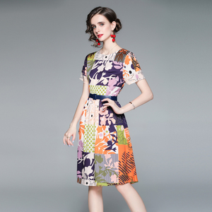 RM5807#欧洲站夏装 新款时尚印花连衣裙洋气收腰显瘦A字裙子