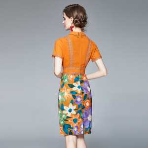 RM5808#衬衫连衣裙女短袖 夏季轻熟气质优雅修身印花包臀一步裙