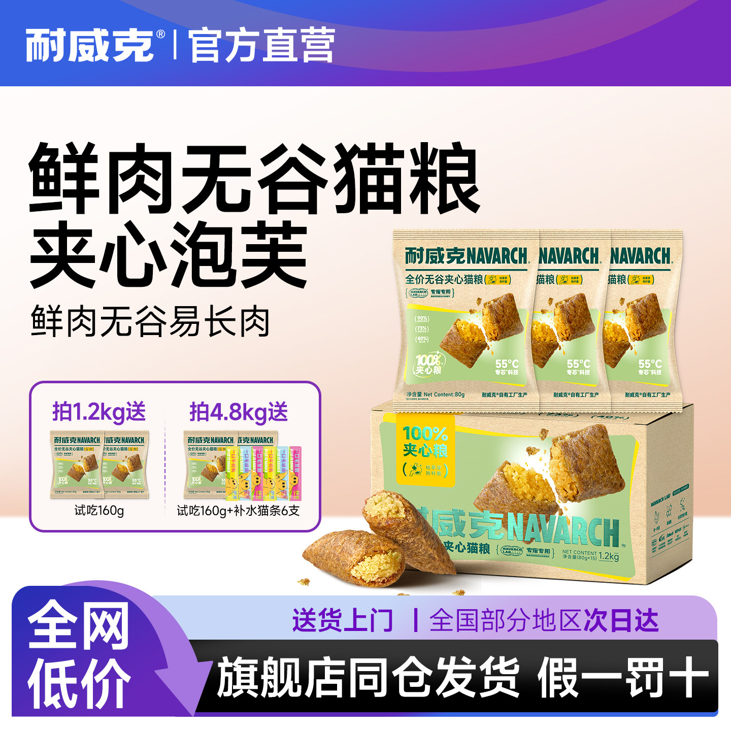 耐威克夹心泡芙猫粮鲜肉无谷美毛亮肤增肥猫咪通用官方旗舰店正品