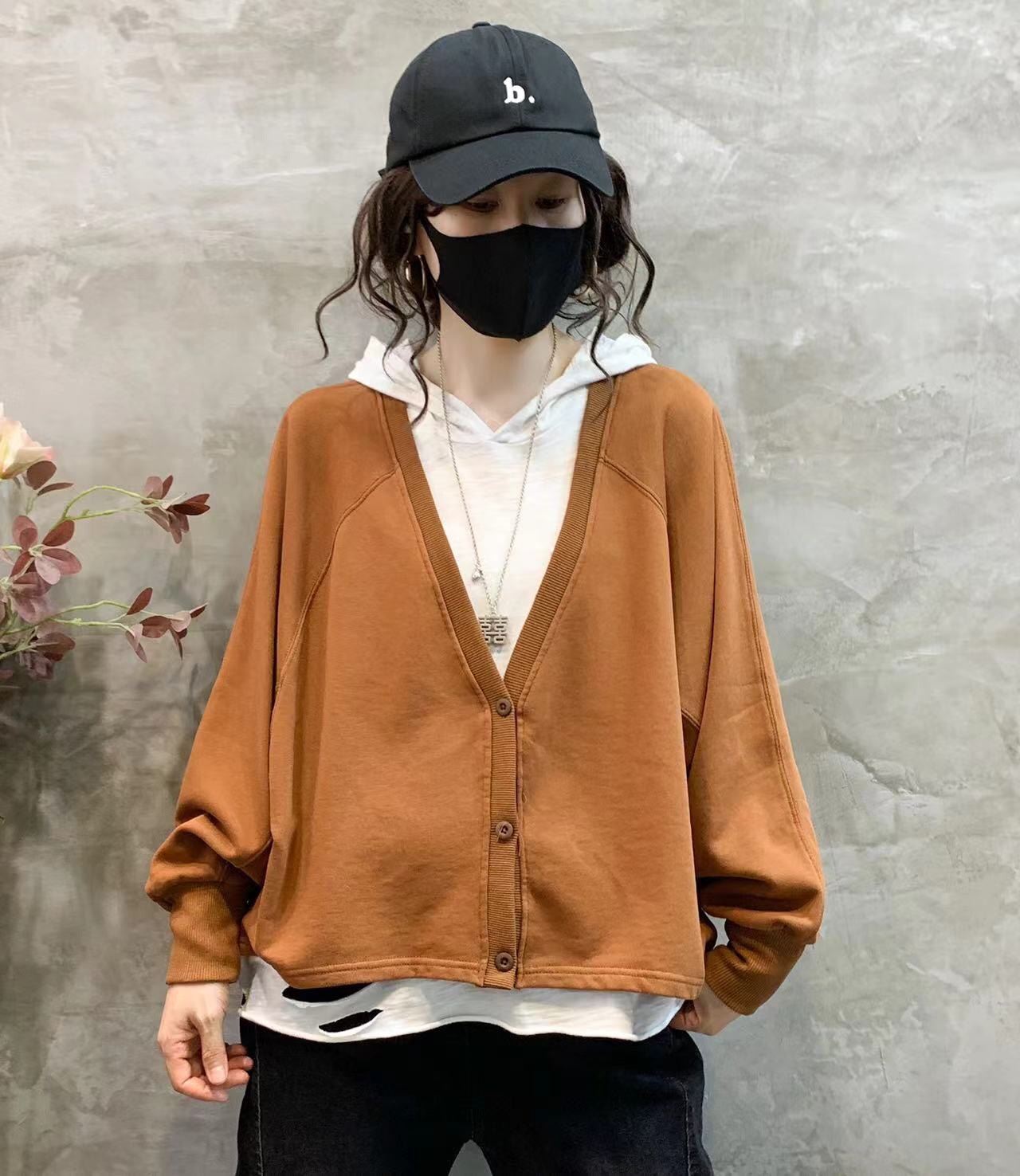 韩版春秋卫衣开衫外套女小个子短款卡腰显高宽松慵懒纯棉毛圈纯色