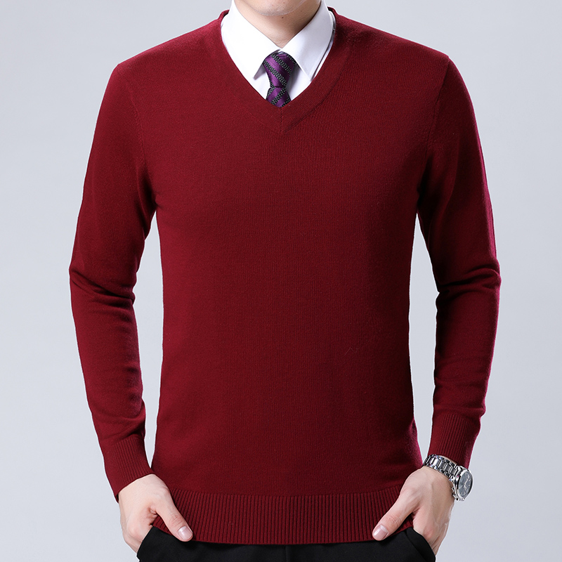 Autumn and winter new all wool sweater men's T-shirt long sleeve V-neck solid color