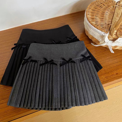 韩版女童蝴蝶结毛呢百褶裙短裙