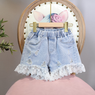 中大童热裤 清仓夏季 儿童牛仔短裤 女童甜美蕾丝花边拼接短裤 潮 韩版