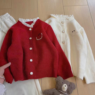 女童甜美蝴蝶结毛衣韩版儿童新年假两件针织开衫中大童洋气上衣潮