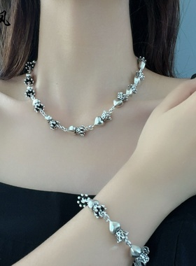 美飒精致ins风复古铜镀厚银皇冠爱心吊牌项链手链气质网红锁骨链