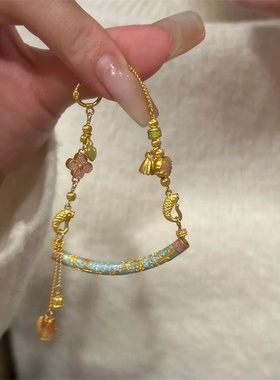 2024新款复古风烧蓝弯管半镯手链女古法镀金滴油珐琅高级感首饰品