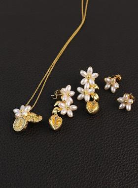 青岛饰品KS家柠檬花瓣珍珠耳环水钻锆石镶嵌清新高级感锁骨链