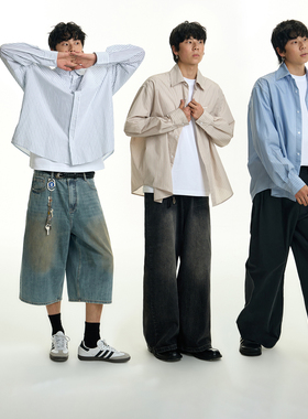 TGNS美式蓝色条纹衬衫男生春季中性风宽松衬衣情侣通勤长袖外套女